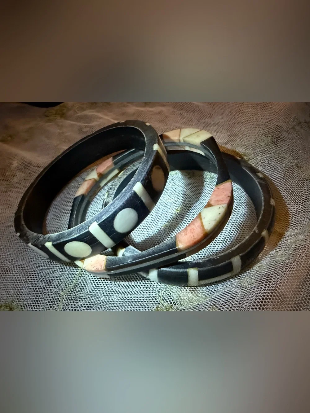 Vintage Bohemian Bone Inlay Black and Ivory Bangle set of 3